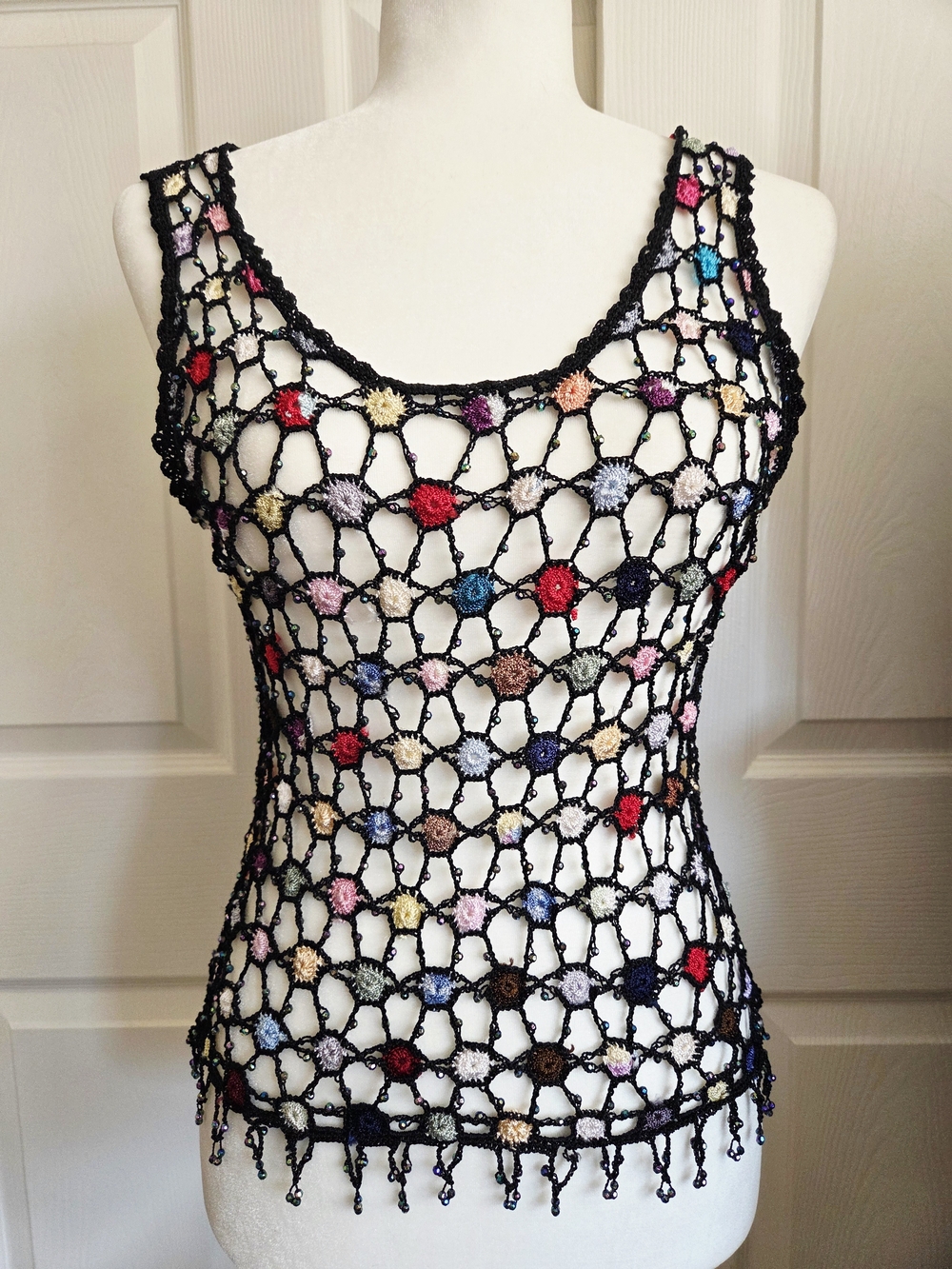 Vintage Handmade 90's Y2K Black Crochet Net Tank with Multicolor Accents